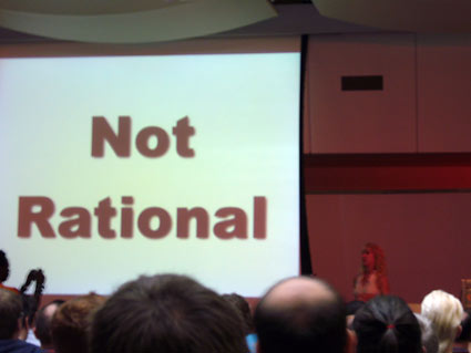 Kathy Sierra standing infront of slide saying ‘not rational’